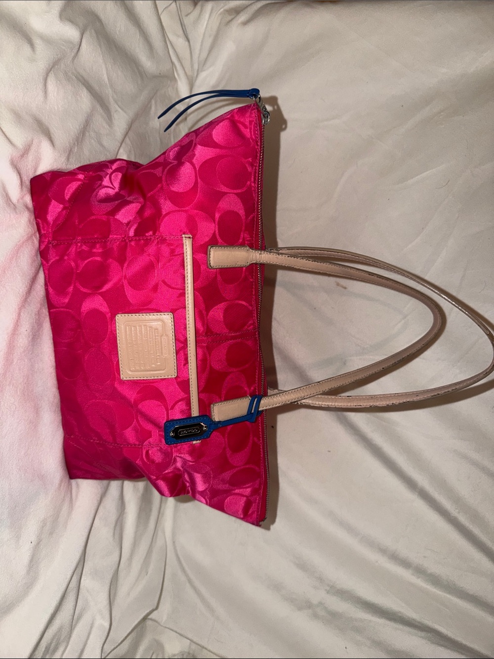 Coach Hot Pink Signature Nylon Tote with Tan Straps and Blue Trim #24862